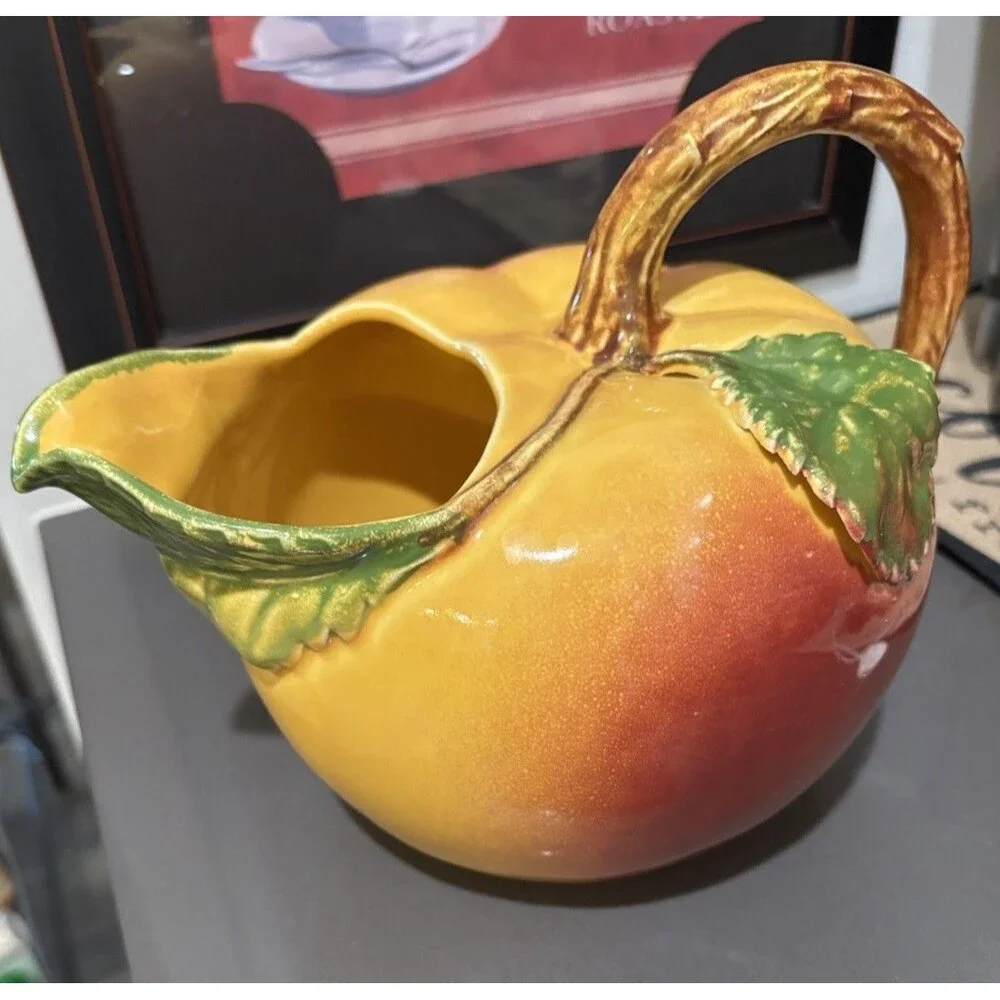 Vintage Peach Pitcher, Colorful Ceramic Fruit Pitcher Clean Shiny Glaze 7” Tall